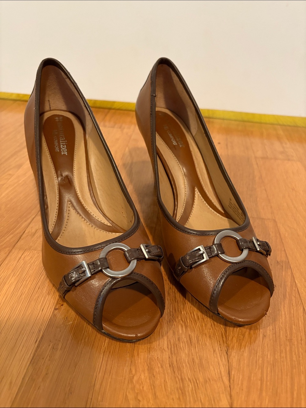 Naturalizer Brown Leather Peep-Toe Heels with Silver Ring Detail